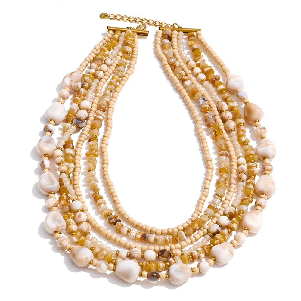 Yhpup Waterproof 2025 Handmade Beads Bohemia Jewelry Autumn Winter Stainless Steel Layered Resin Chain Bib Statement Necklace Necklace Beige