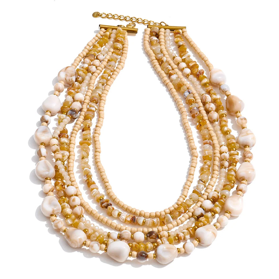 Yhpup Waterproof 2025 Handmade Beads Bohemia Jewelry Autumn Winter Stainless Steel Layered Resin Chain Bib Statement Necklace Necklace Beige