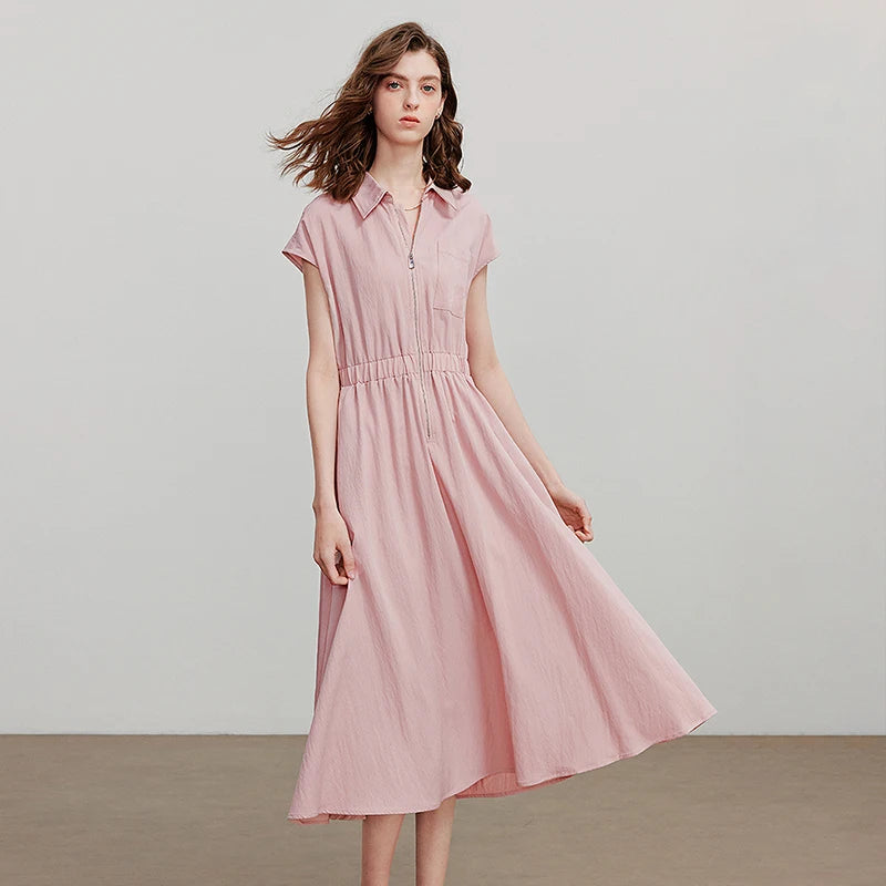 Vestido Midi com Bolsos e Gola Camisaria