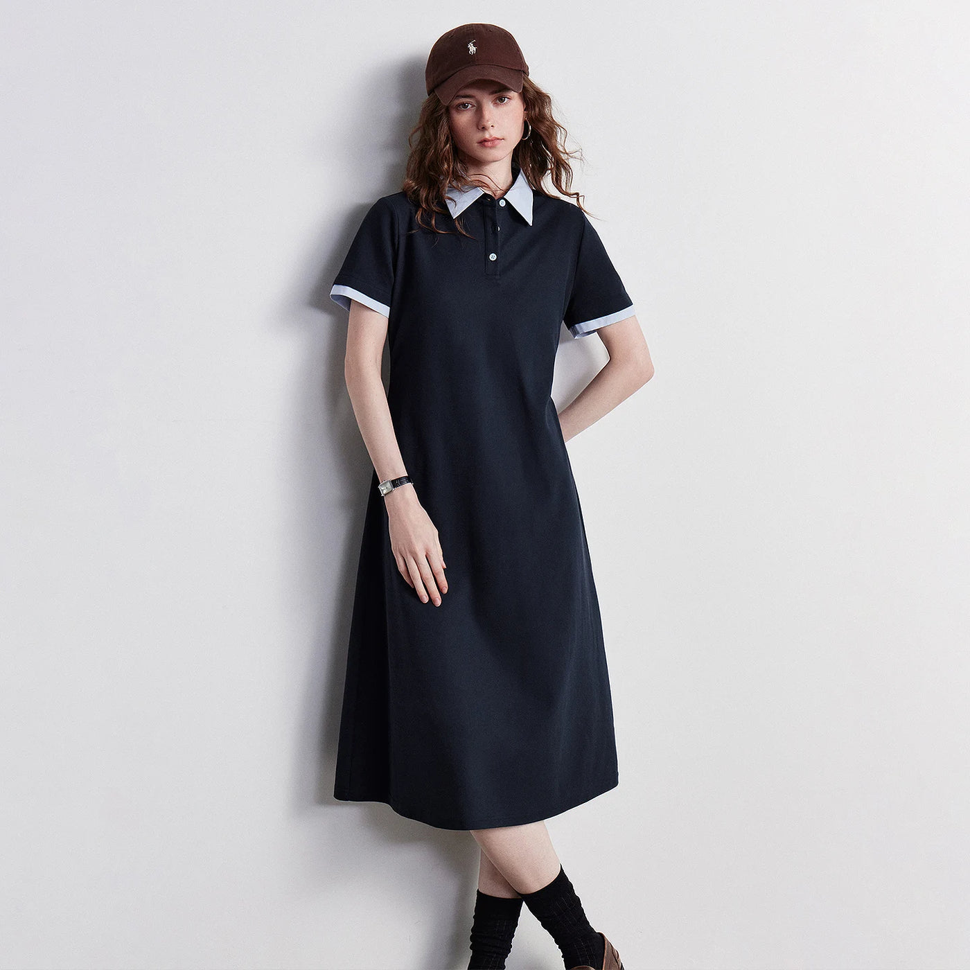 Vestido Polo Feminino Color Block com Saia Evasê