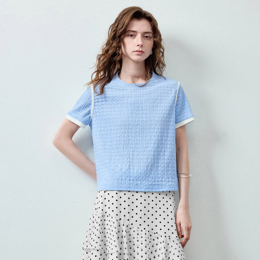 Blusa Feminina Cropped Color Block com Malha Texturizada