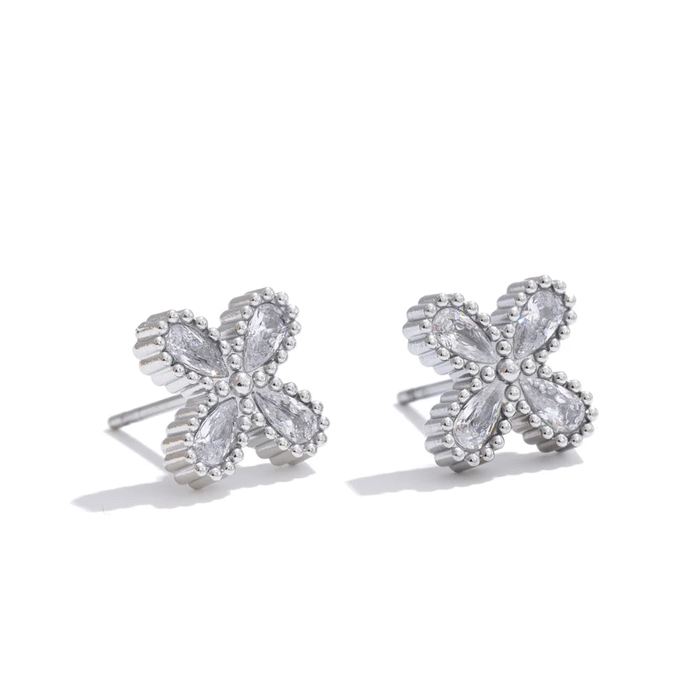 Yhpup Bling Cubic Zirconia Flower Small Stud Earrings Waterproof Stainless Steel Cast Quality Versatile Daily Delicate Jewelry