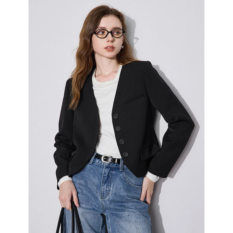Blazer Feminino Curto com Decote V e Botão