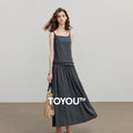 Vestido Midi de Viscose com Decote Quadrado e Pregas