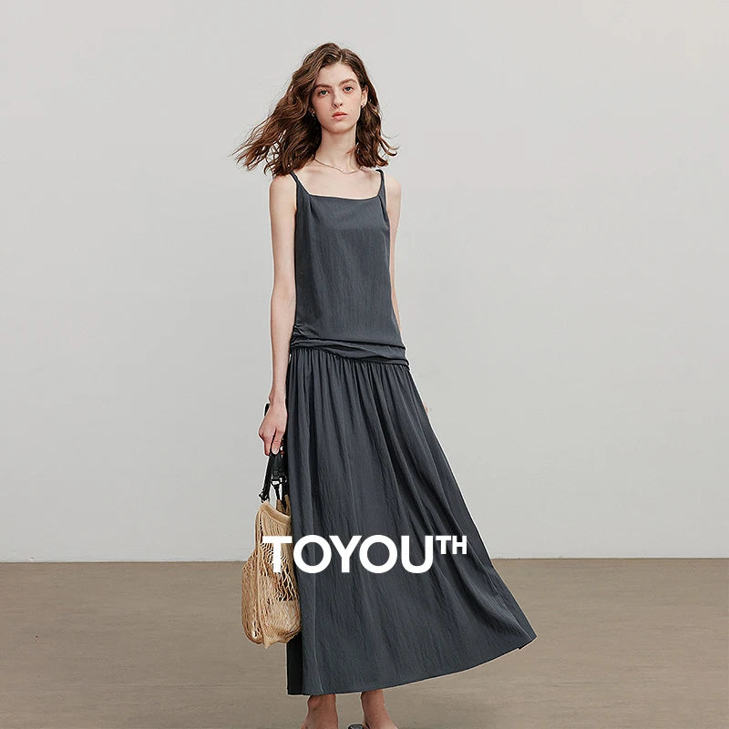 Vestido Midi de Viscose com Decote Quadrado e Pregas