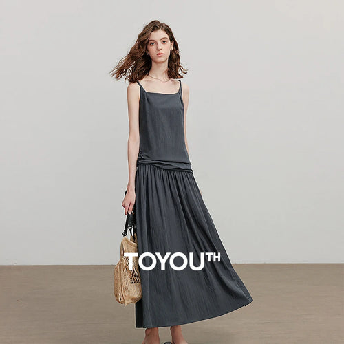Vestido Midi de Viscose com Decote Quadrado e Pregas