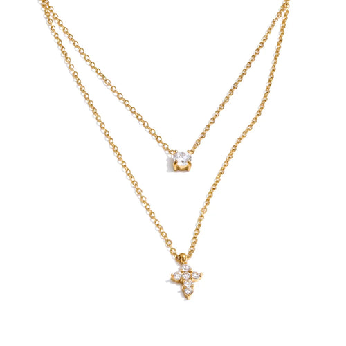 Yhpup High Quality Double-Layer Chain Zirconia Cross Pendant Delicate Necklace Stainless Steel Temperament Fashion Gift Jewelry YH576A Gold