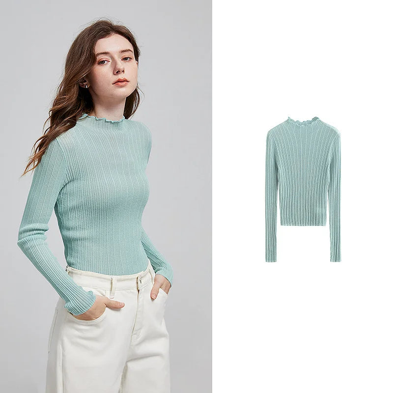 Blusa Feminina de Linho com Gola Alta e Babados