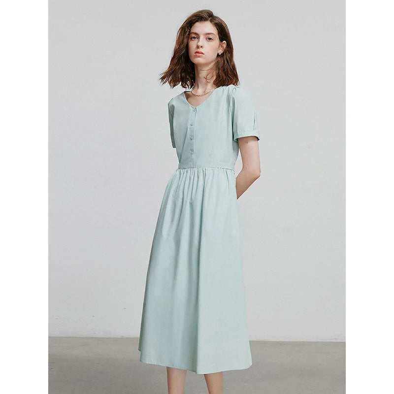 Vestido Midi com Decote V e Manga Bufante Verde
