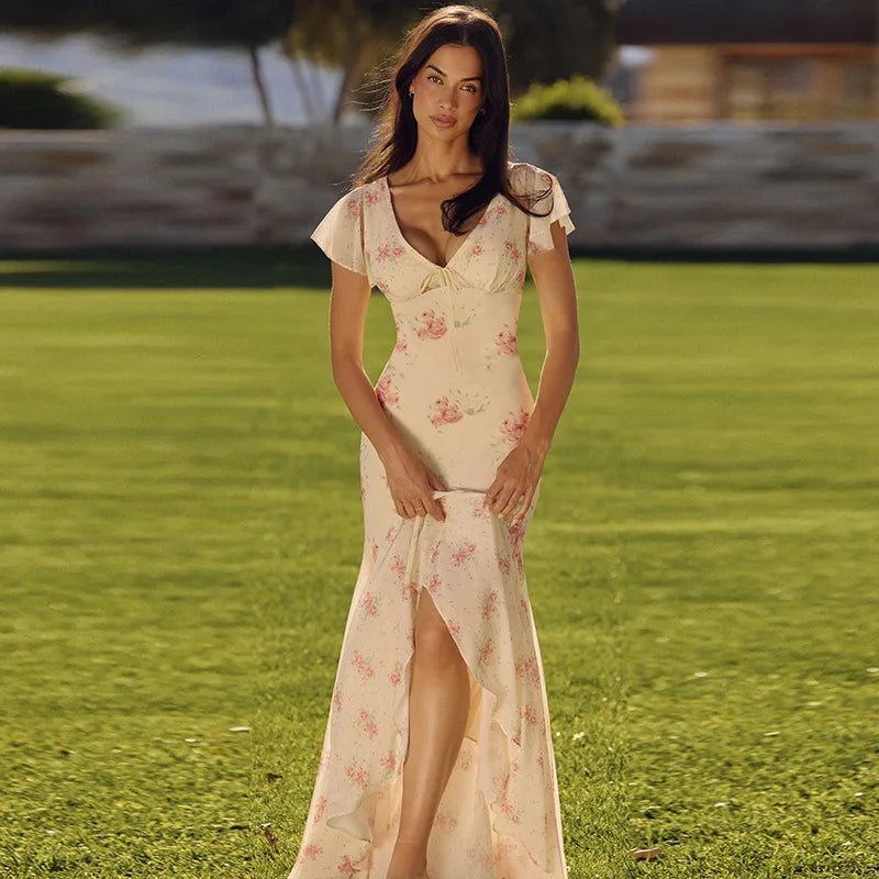Vestido Longo Feminino Floral com Babados e Saia Sereia