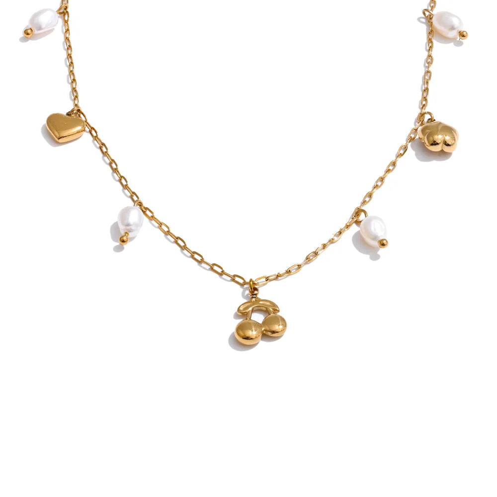 Yhpup Hot Style Natural Pearl Heart Cherry Drop Necklace High Quality Stainless Steel Exquisite Fashion Jewelry for Women YH4537A Gold