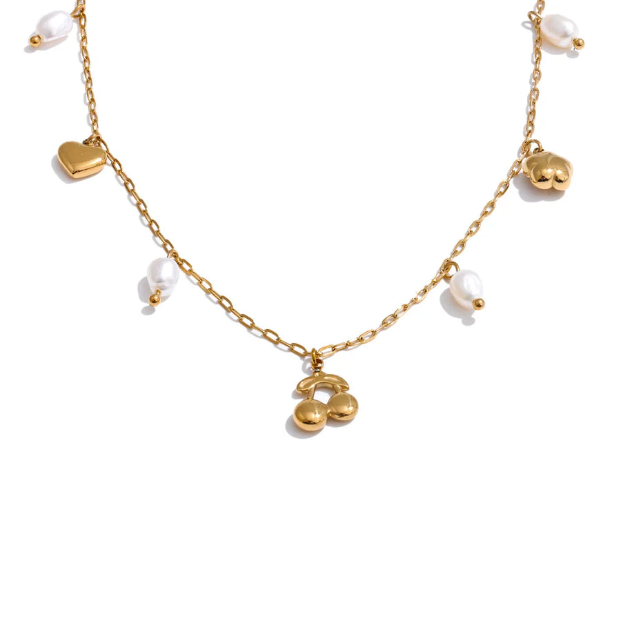 Yhpup Hot Style Natural Pearl Heart Cherry Drop Necklace High Quality Stainless Steel Exquisite Fashion Jewelry for Women YH4537A Gold