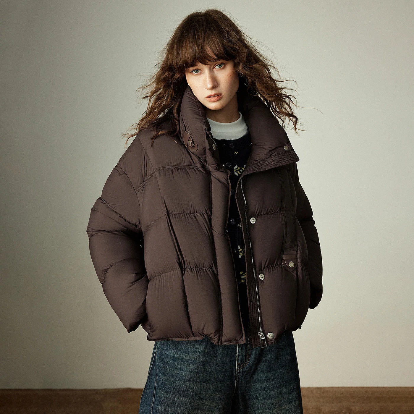 Jaqueta Puffer Feminina 90% Plumas com Gola Alta