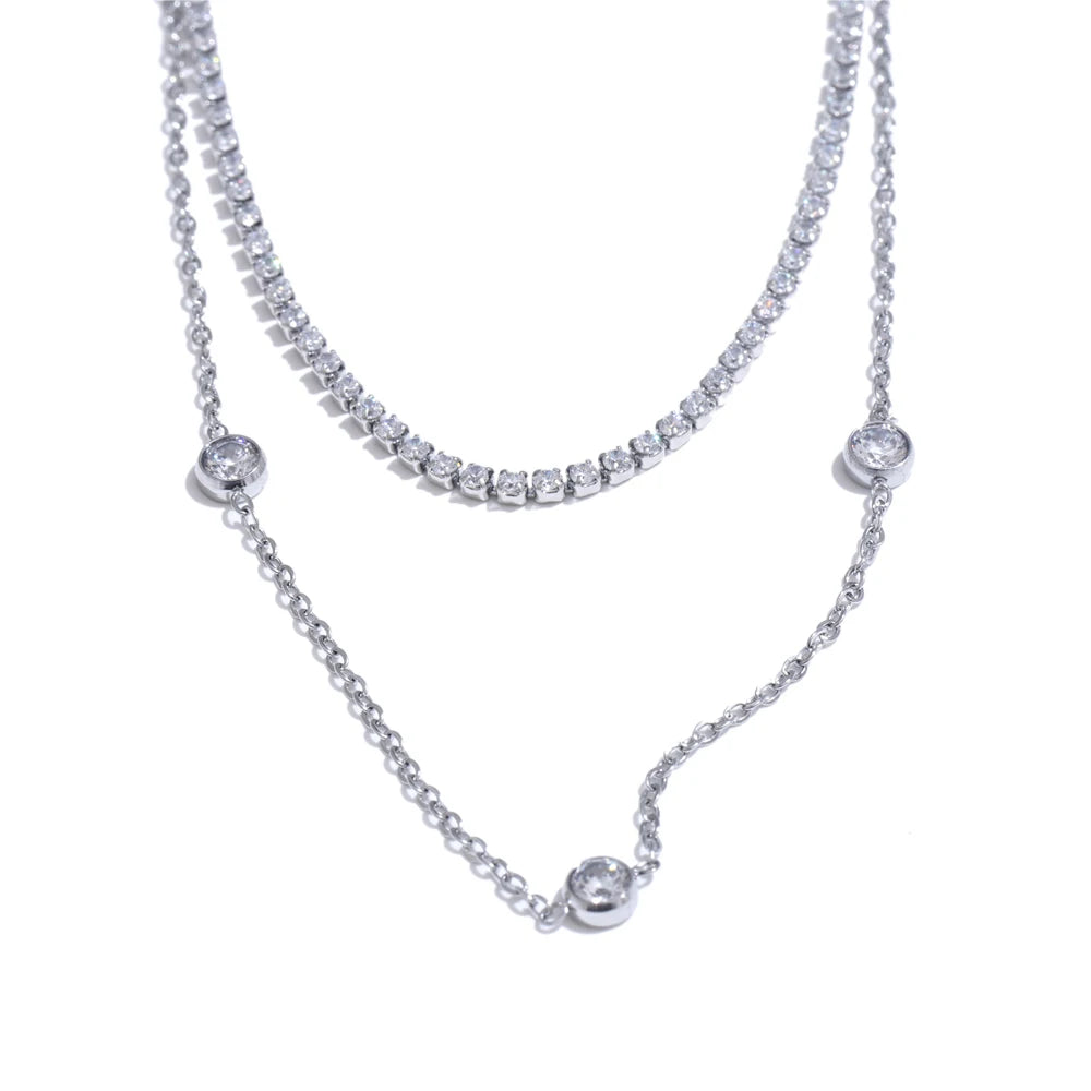 Yhpup New Arrivals Stainless Steel Double Layer Cubic Zirconia Chain Necklace for Women Temperament Delicate Premium Jewelry YH4957A Platinum