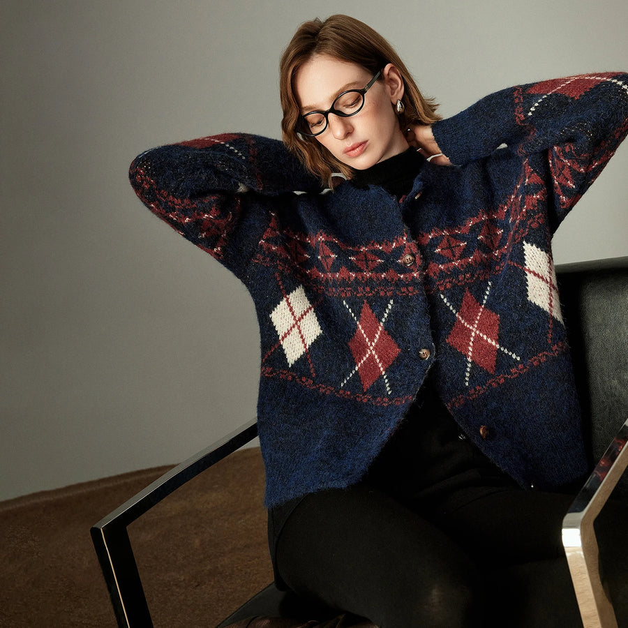 Suéter Feminino de Tricô Jacquard Nórdico com Gola Redonda