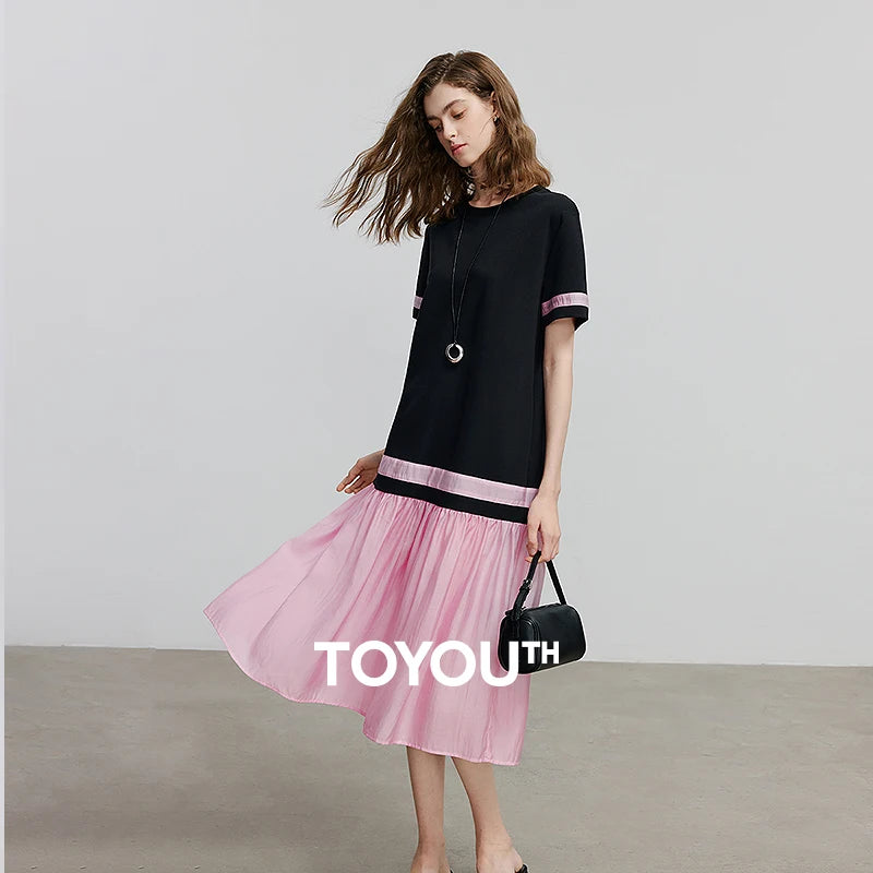 Vestido Midi Bicolor com Manga Curta e Caimento Solto