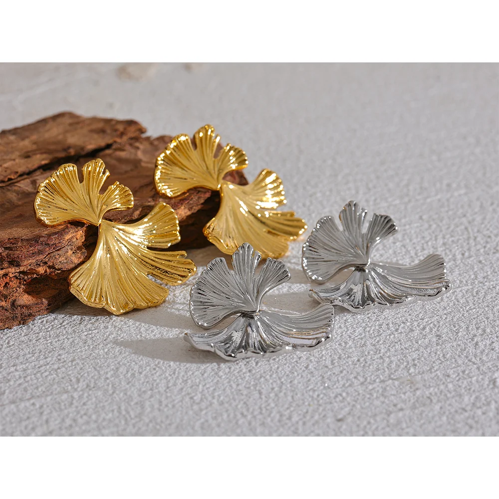Yhpup 316l Stainless Steel Metal Ginkgo Leaf Drop Earrings 18K Gold PVD Plated Waterproof Trendy Statement Fashion Jewelry Gift