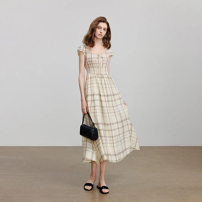 Vestido Midi Xadrez de Viscose com Bolsos