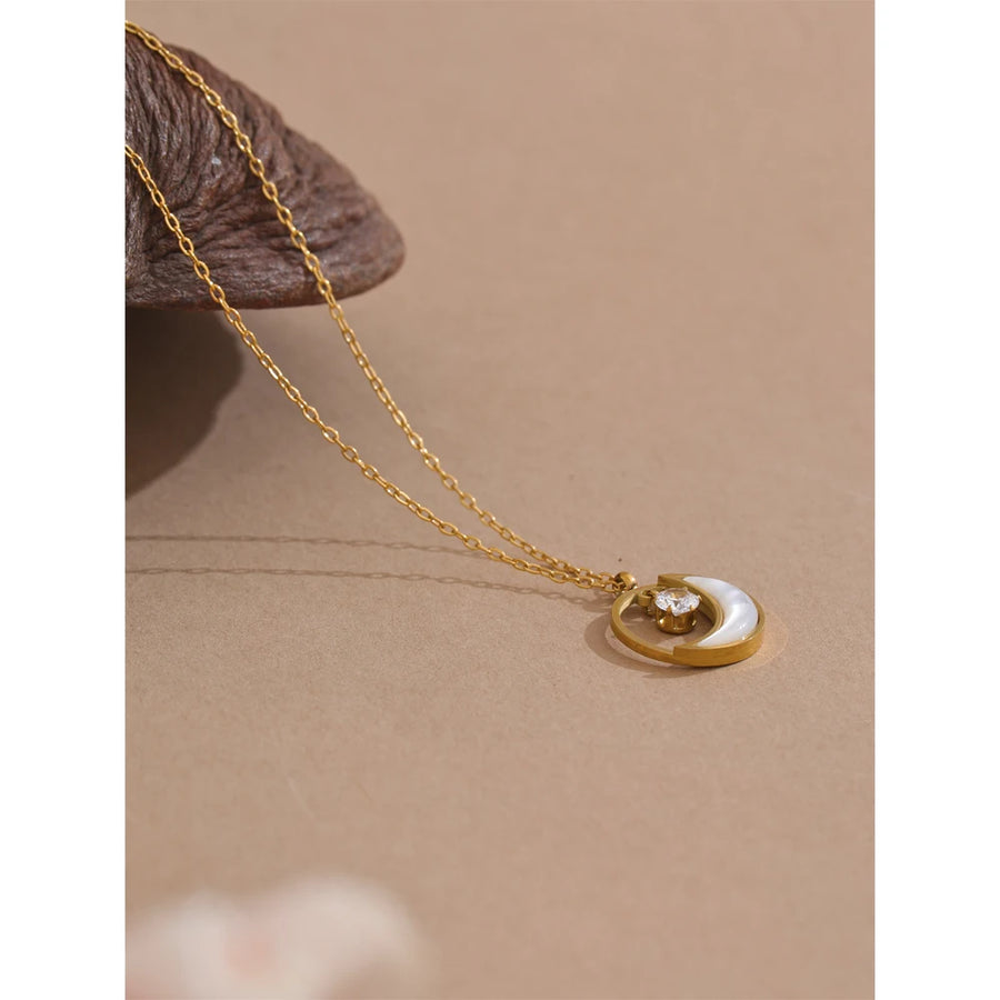 Yhpup Natural Shell Zirconia Moon Round Chic Pendant Necklace Korean Style Daily Jewelry Waterproof Accessories Gift