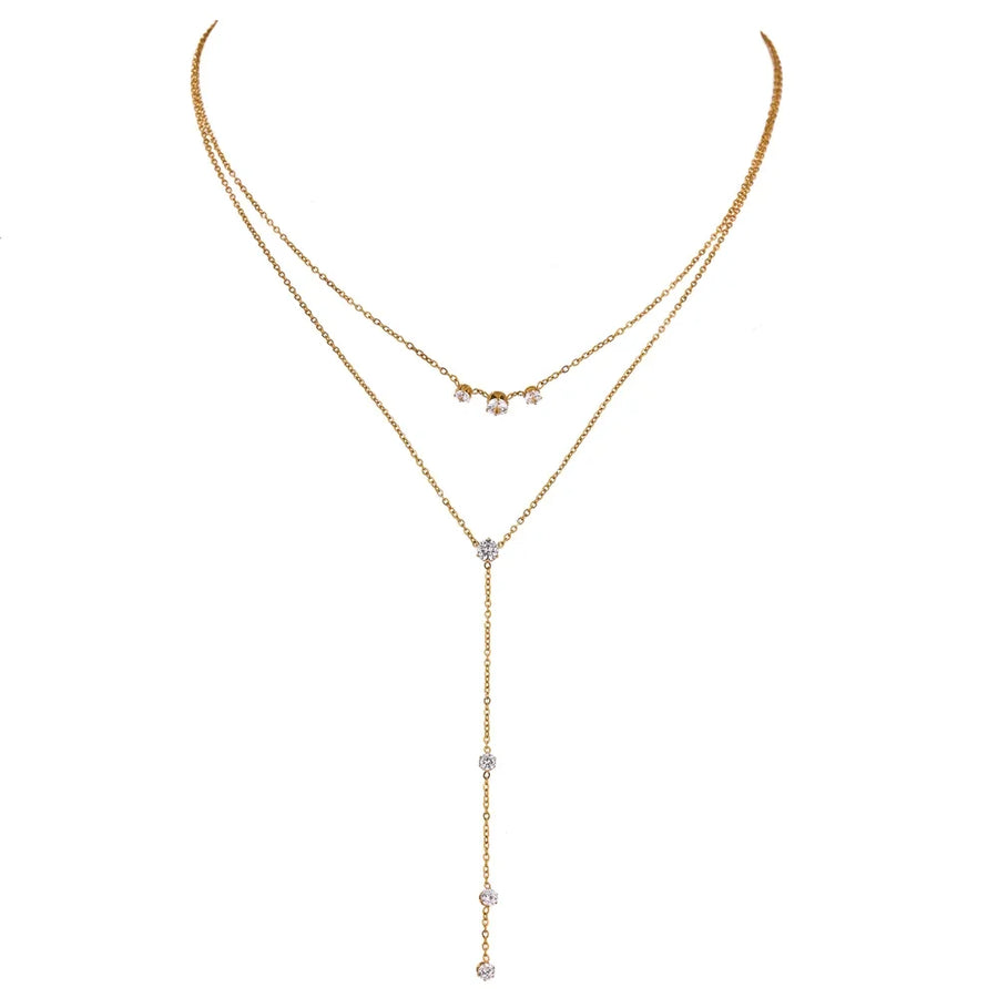 Colar Feminino de Camadas Geométrico com Zircônia em Aço Inoxidável Ouro