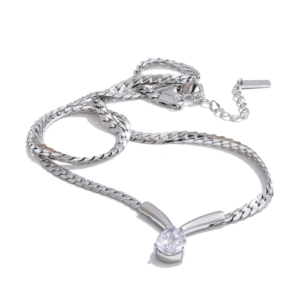 Colar Feminino Gota com Zircônia em Aço Inoxidável 10 Prata
