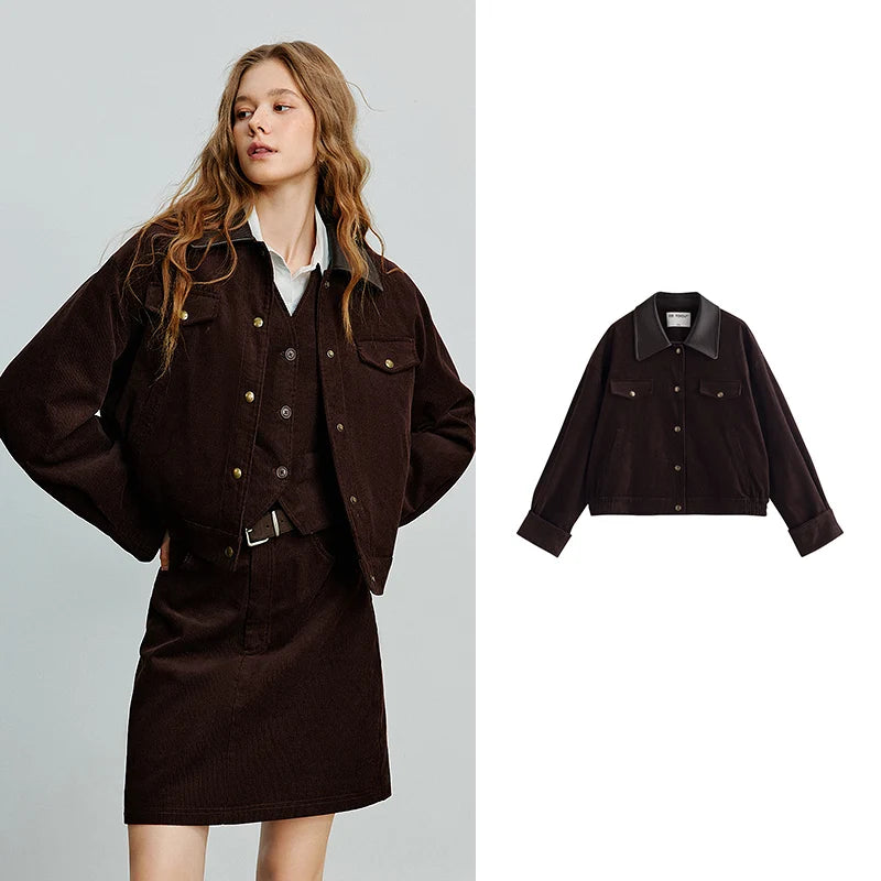 Jaqueta Feminina de Cotelê Curta Estilo Retrô Brown