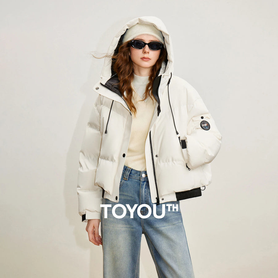 Jaqueta Puffer Feminina com Capuz e Recortes Coloridos