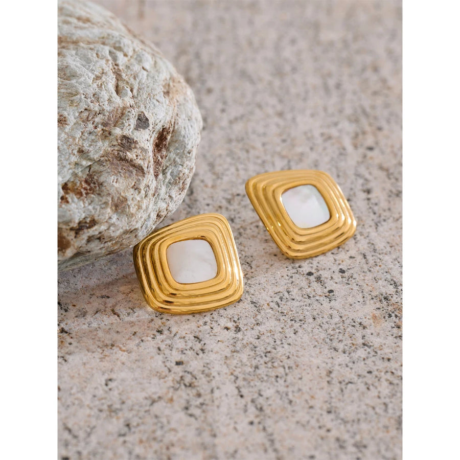 Yhpup Trending Stainless Steel Shell Square Stud Earrings for All Occasions 16K Golden Plated Hypoallergenic Arrivals Jewelry