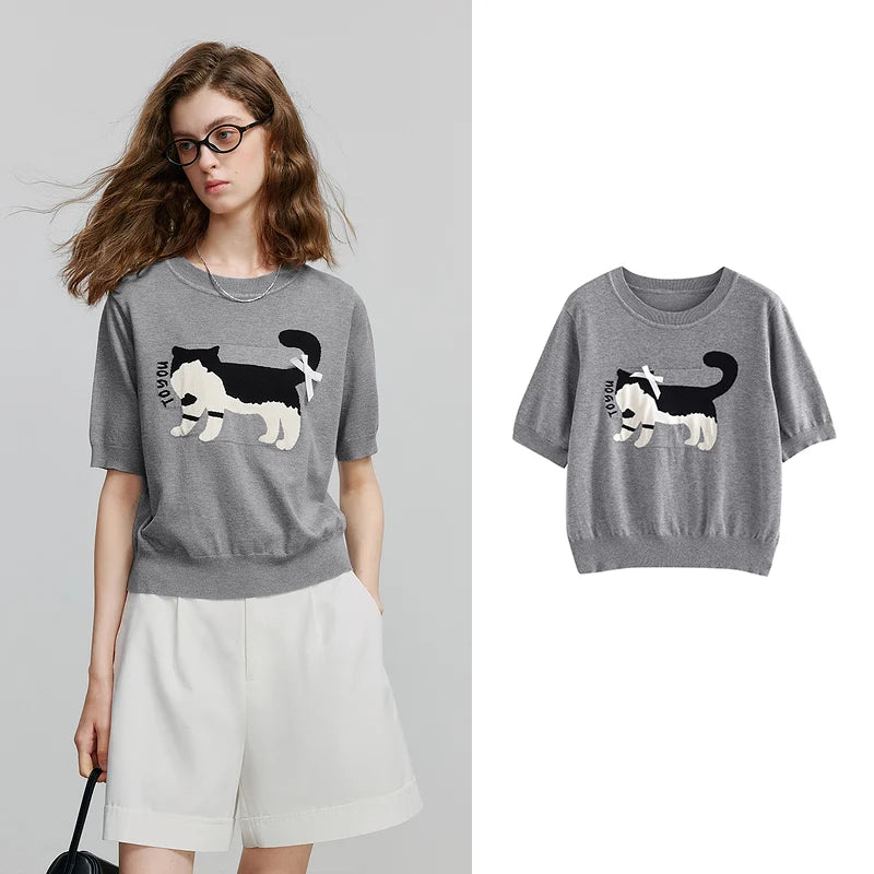 Blusa Feminina de Tricô Jacquard Gato com Laço