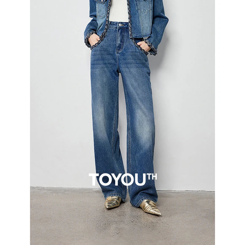 Calça Jeans Feminina Wide Leg Cintura Alta Texturizada
