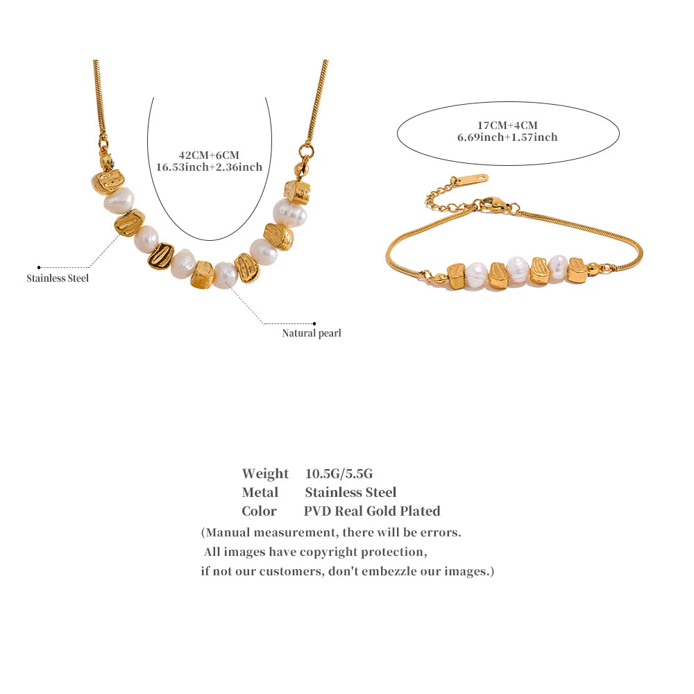 Conjunto Colar e Pulseira Gota com Pérola em Aço Inoxidável