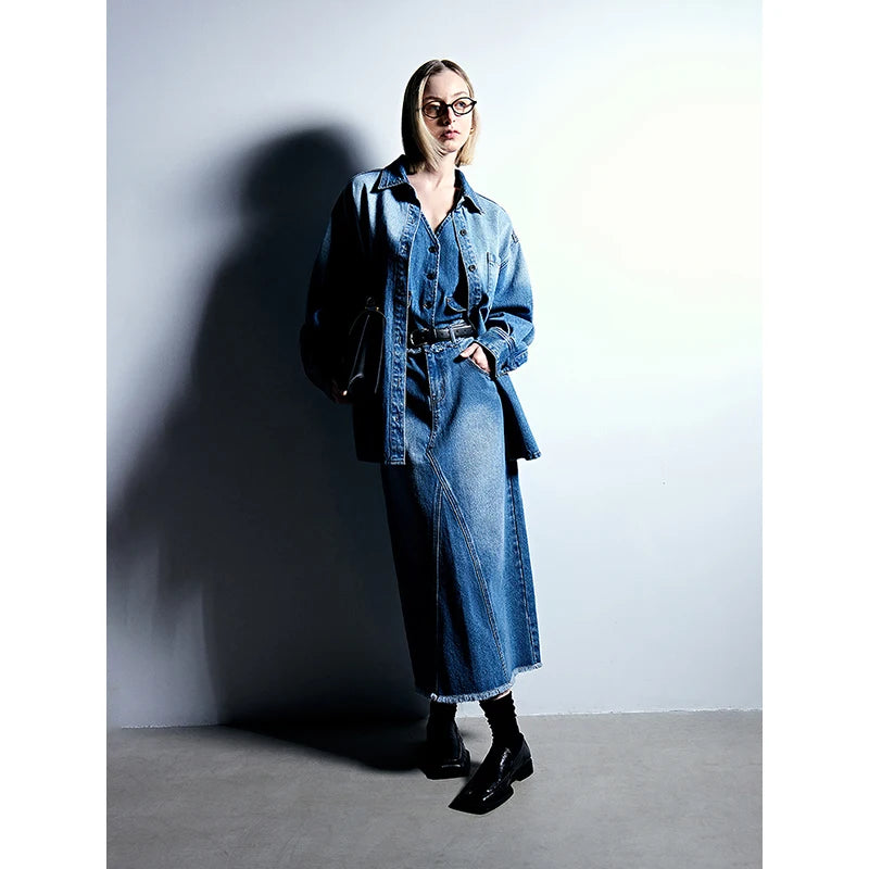 Saia Jeans Midi Feminina com Bolsos Evasê de Algodão