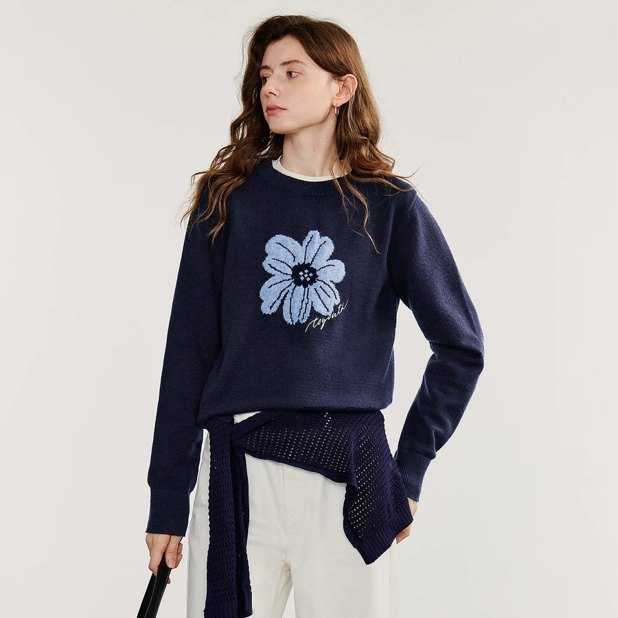 Suéter Floral Jacquard com Manga Longa