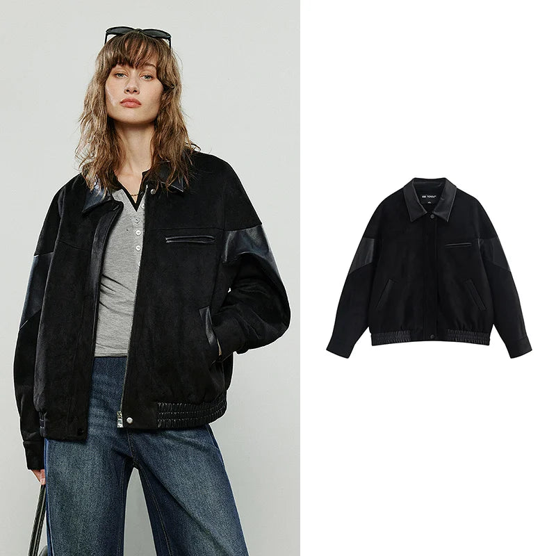 Jaqueta Feminina de Couro PU e Suede com Recortes Black