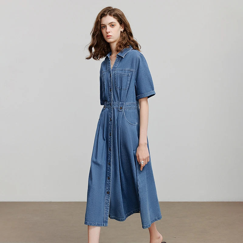 Vestido Chemise Midi Jeans com Bolsos