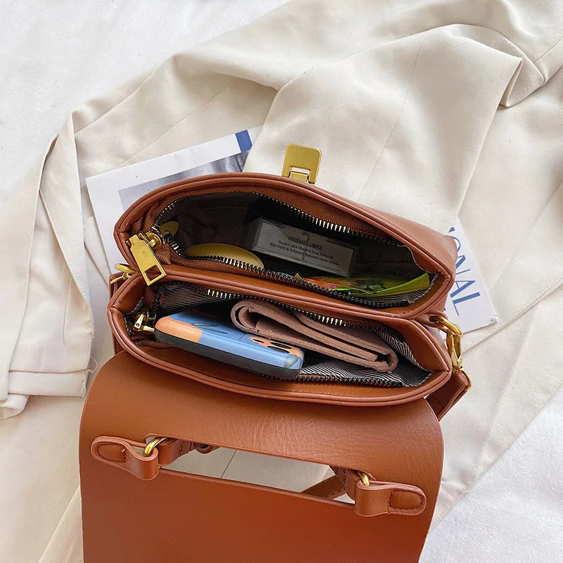 Bolsa Transversal Feminina de Couro PU Vintage com Fecho Dourado