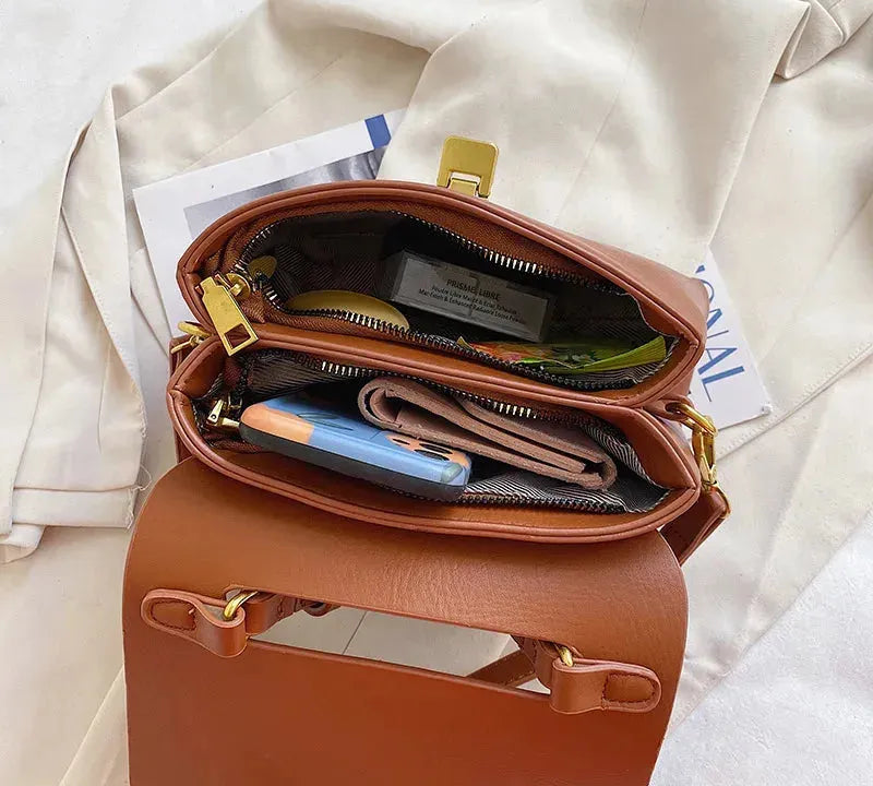 Bolsa Transversal Feminina de Couro PU Vintage com Fecho Dourado