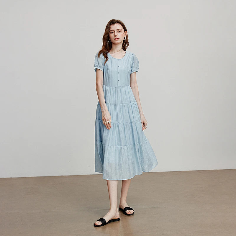 Vestido Jeans Midi com Manga Bufante