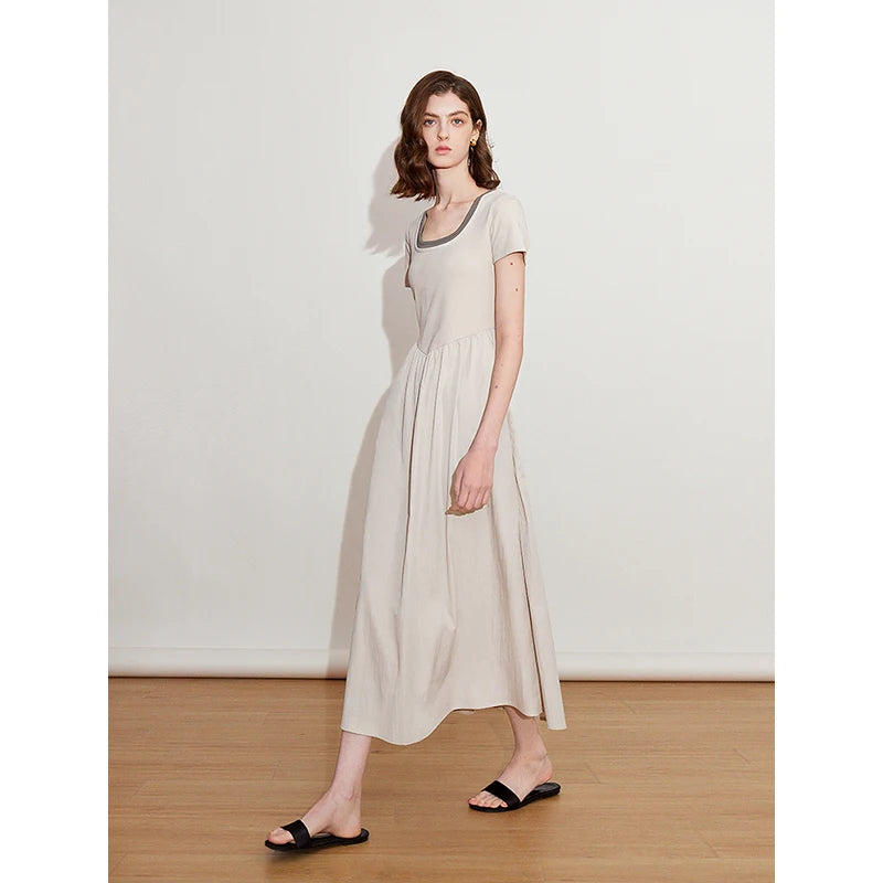 Vestido Longo Bicolor Efeito Duas Peças com Cintura Marcada