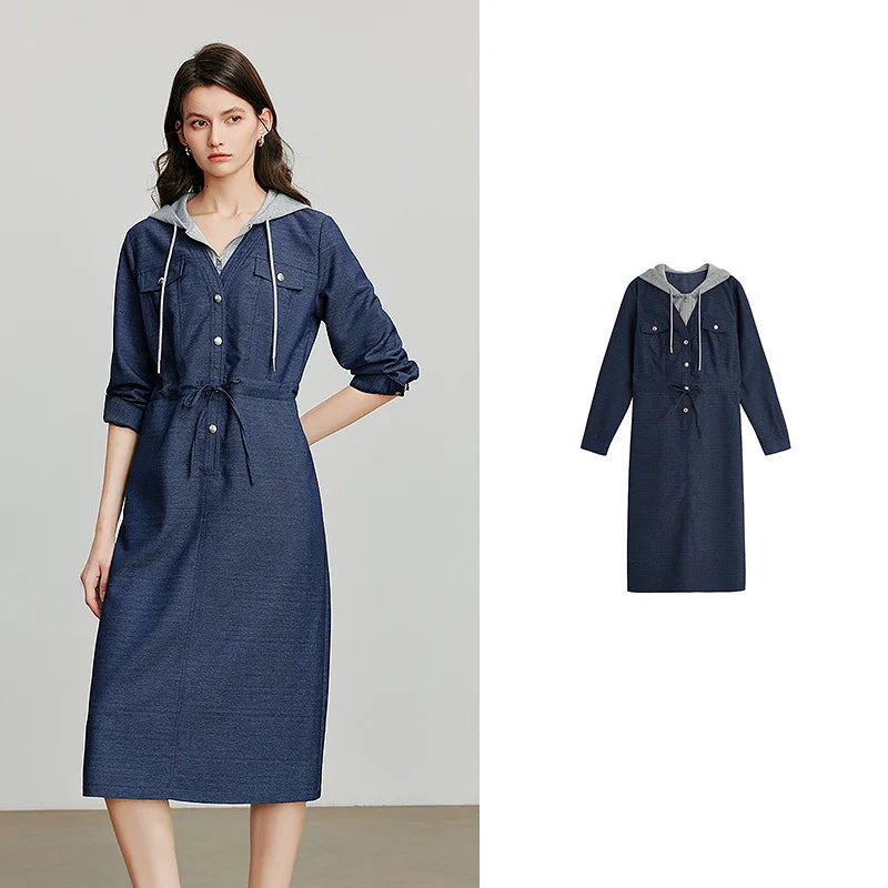 Vestido Utilitário com Capuz e Recortes Efeito Jeans Blue