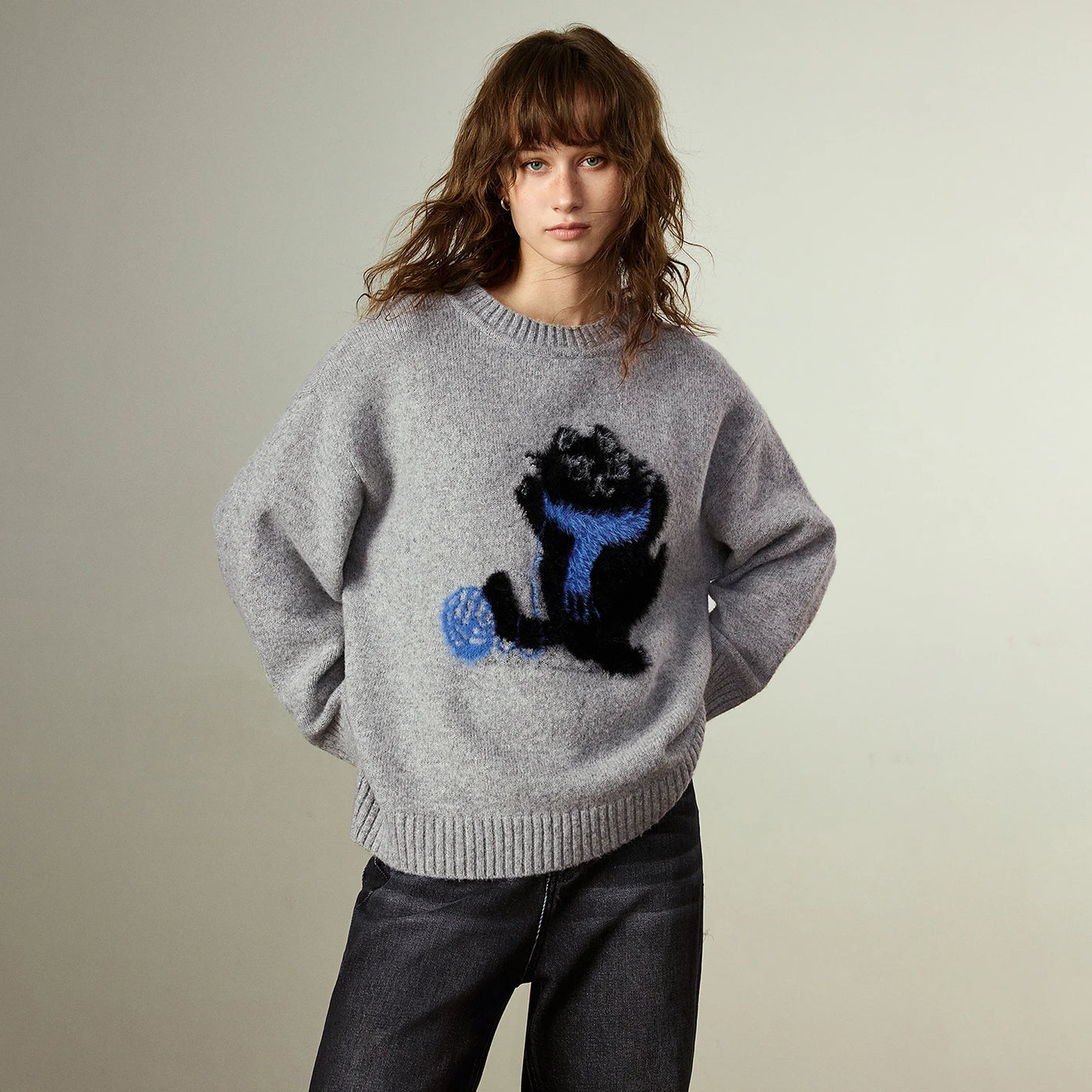 Suéter Cinza de Lã com Jacquard de Gato
