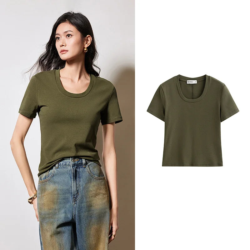 Camiseta Feminina Cropped Slim com Decote U