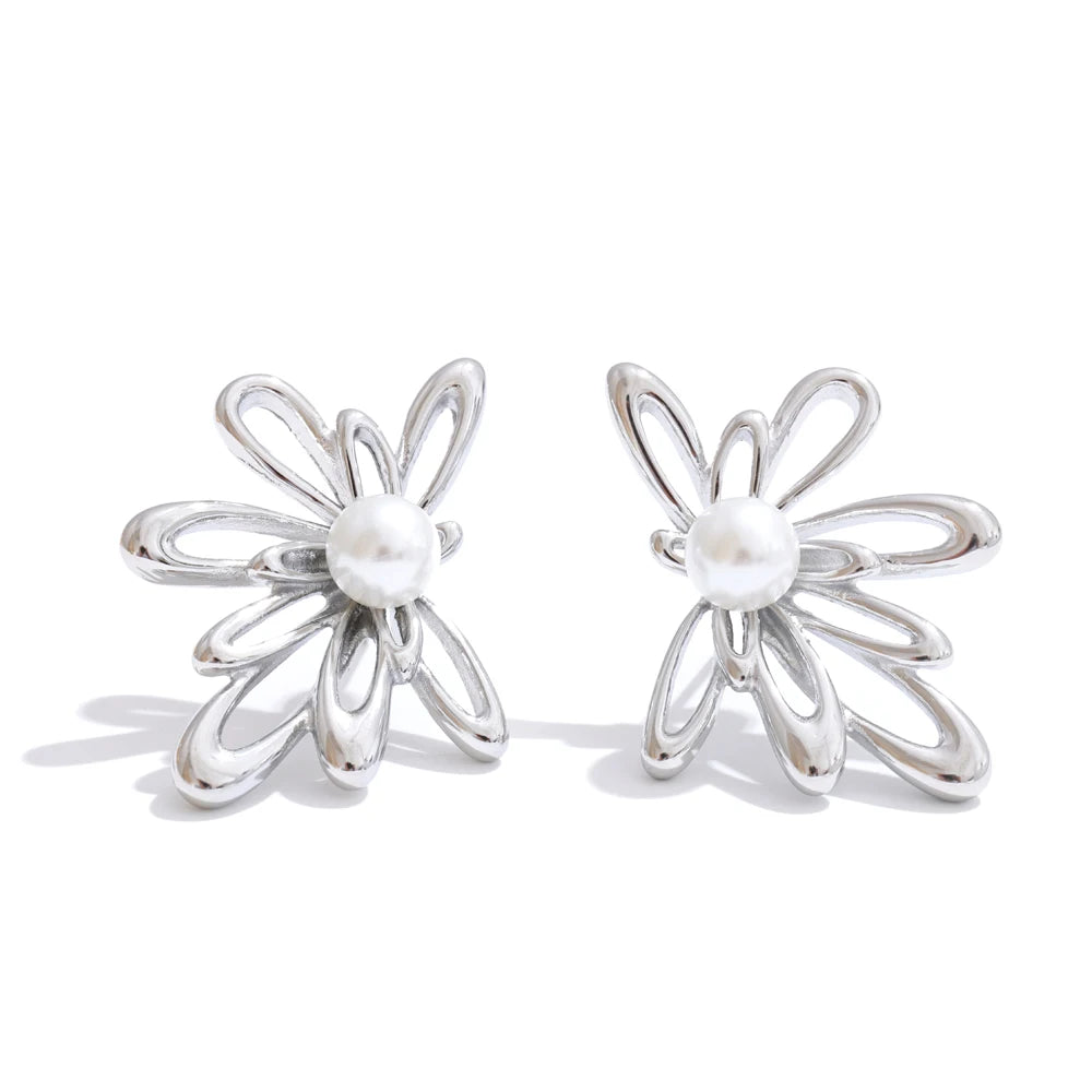 Brinco Pendente Flor com Pérola em Aço Inoxidável Ouro 4