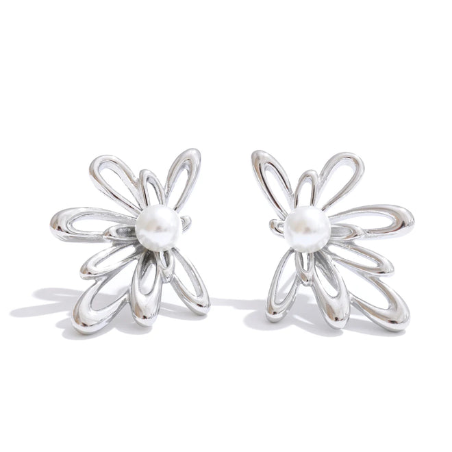 Yhpup Arrivals Hollow Flower Stud Earrings 2025 Stainless Steel Imitation Pearls Trending Elegance Daily Jewelry Rust Proof