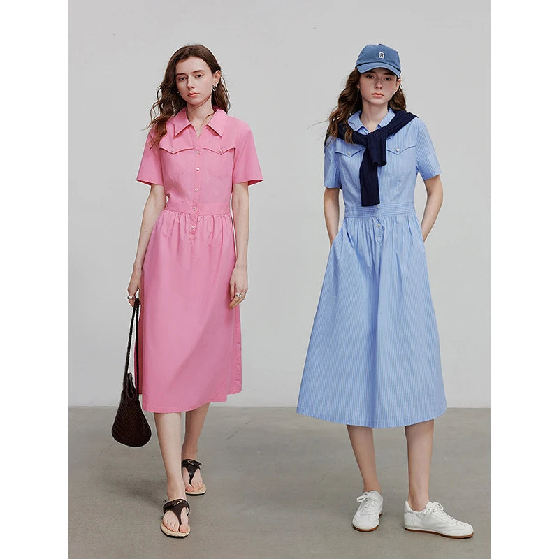 Vestido Midi Listrado com Bolsos