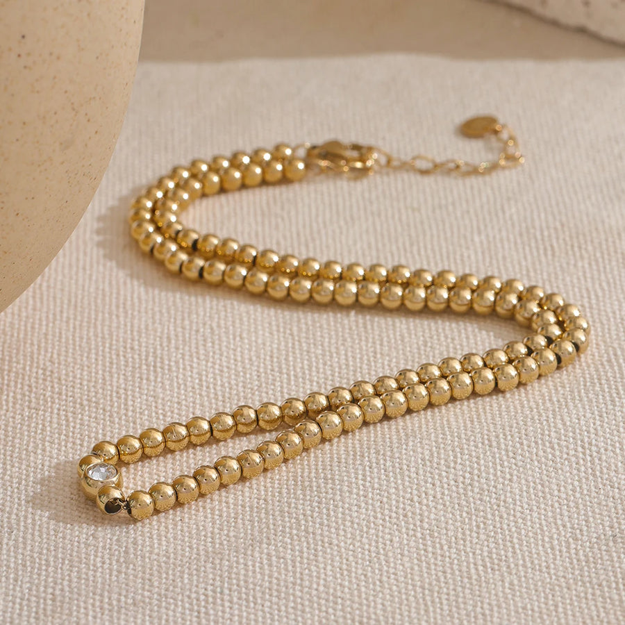 Yhpup High Quality 18K PVD Plated Round Beads Chain Handmade Necklace Water Resistant Stainless Steel Statement Jewelry