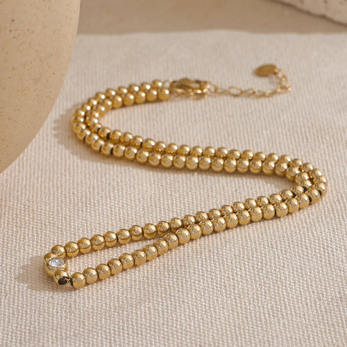 Yhpup High Quality 18K PVD Plated Round Beads Chain Handmade Necklace Water Resistant Stainless Steel Statement Jewelry