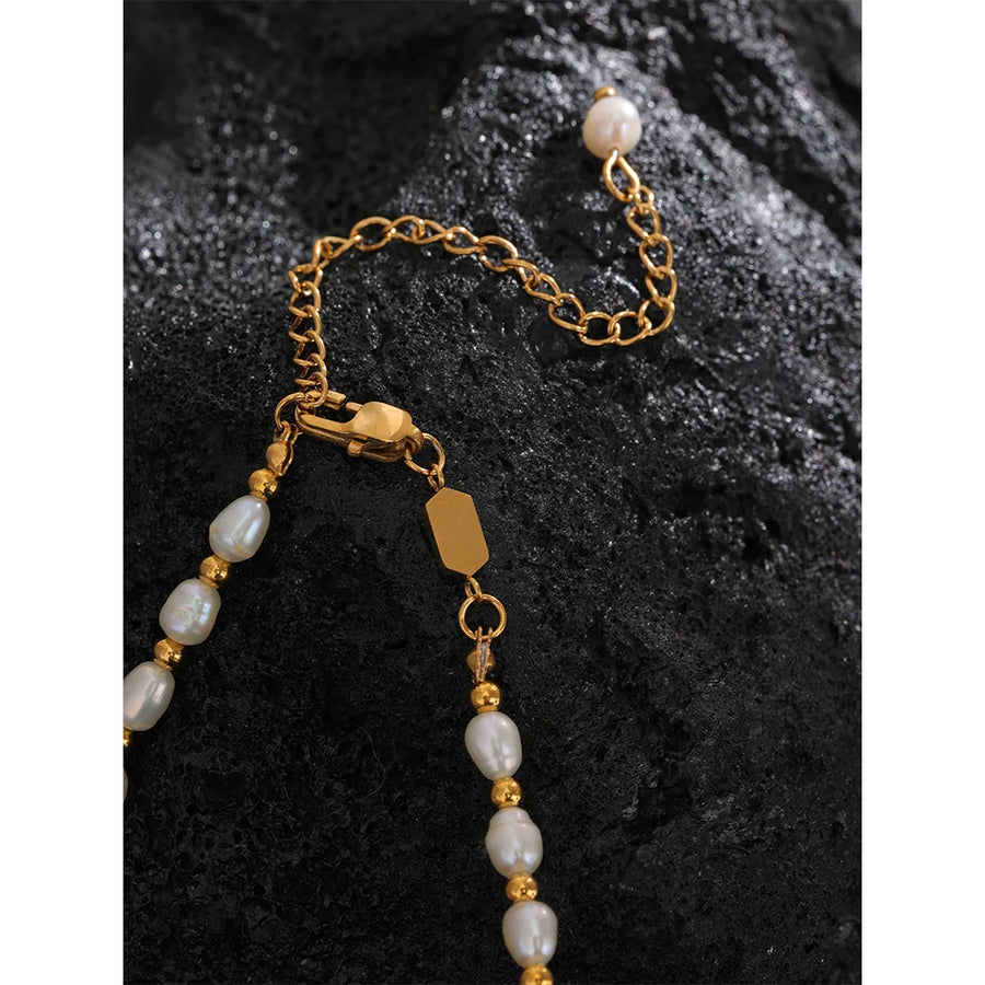 Yhpup Natural Freshwater Pearls Stainless Steel Beads Waterproof Gold Color Necklace Women Fashion Handmade Jewelry Luxury Gift