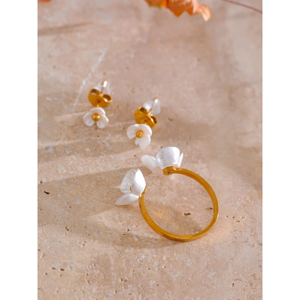 Yhpup Fairy Resin Flower Sweet Earrings Ring Stainless Steel Waterproof PVD Plated Rust Resistant Summer Fashion Jewelry