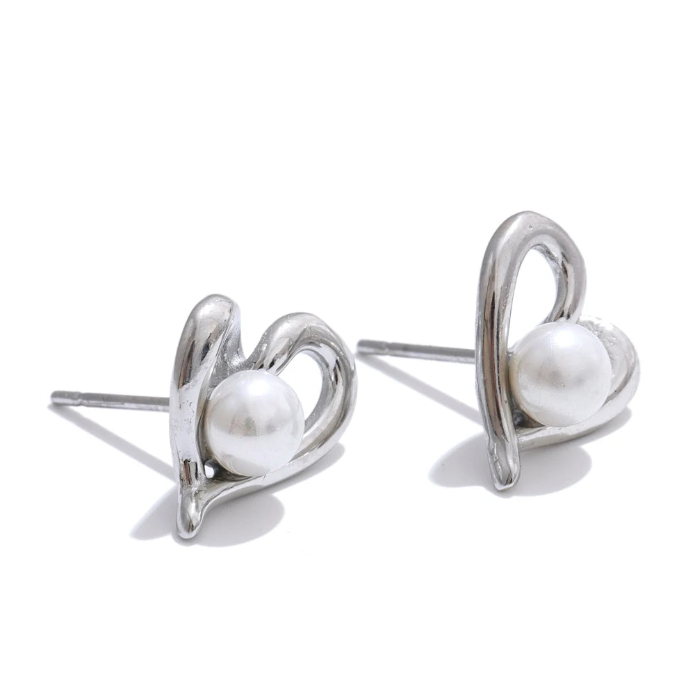 Yhpup Korean Style Simulated Pearls Heart Love Daily Stud Earrings for Women Stainless Steel Chic Versatile Jewelry New